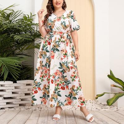 Sukienka damska plus size z kwiatowym nadrukiem, luźna, z dekoltem w serek, z krótkim rękawem, elastyczna w talii, elegancka, vintage, casualowa