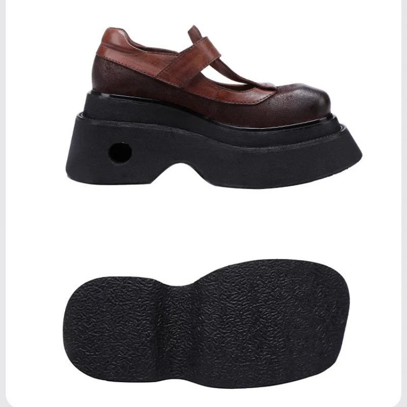 Johnature Vintage Pumps mit dicker Sohle und quadratischer Zehenpartie aus echtem Leder, Plateauschuhe für Damen