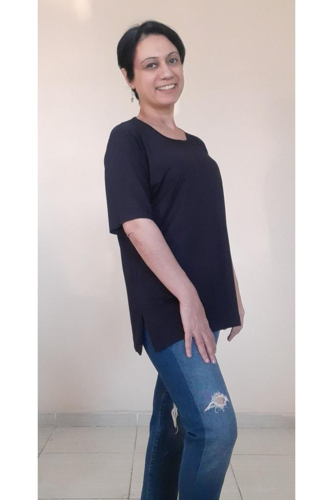 Damen Stil Übergröße T-Shirt Schwarz Kurzarm Rundhals Gekämmte Baumwolle Viskose T-Shirt