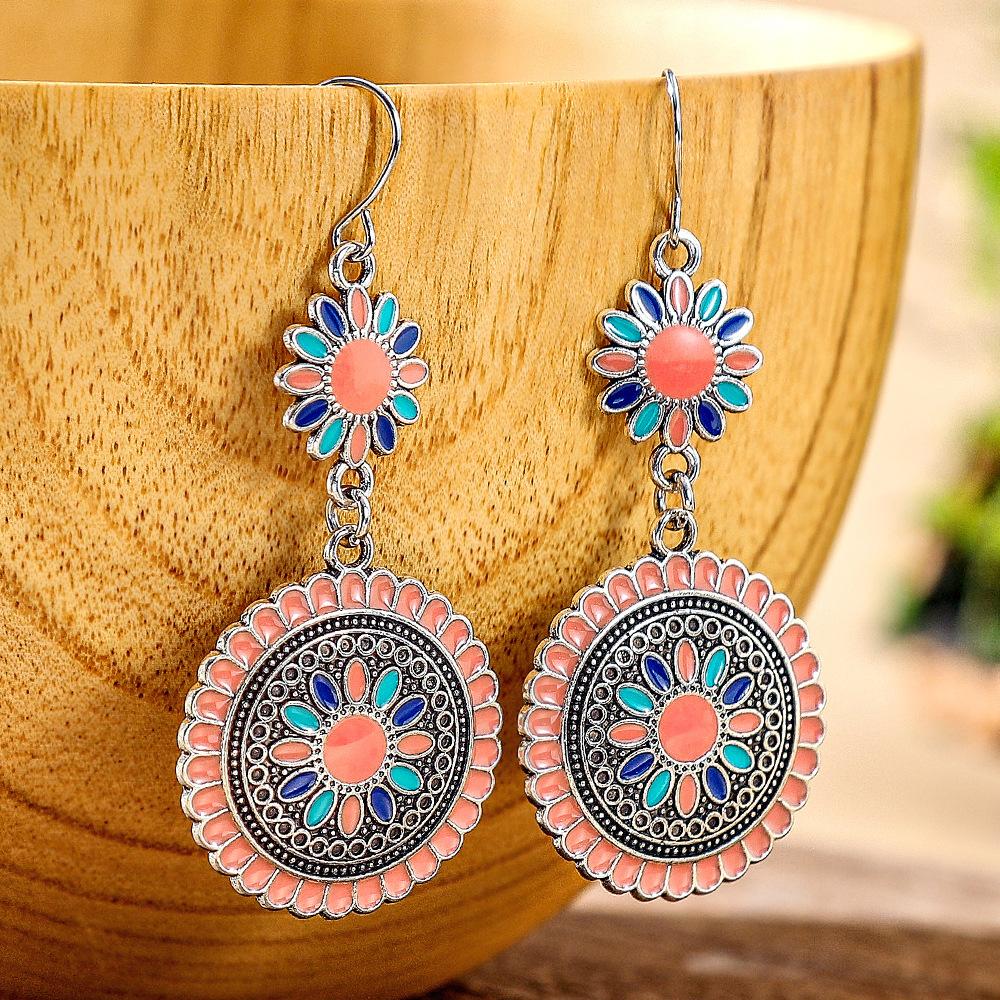12 Colors Ethnic Vintage Enamel Sun Flower Earrings for Women Elegant Fresh Dangle Earrings Boho Vacation Party Jewelry