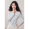 Kumikumi Women's Chic Blue Lace Tie-Up Long Sleeve Autumn Two-Piece Slimming T-Shirt
