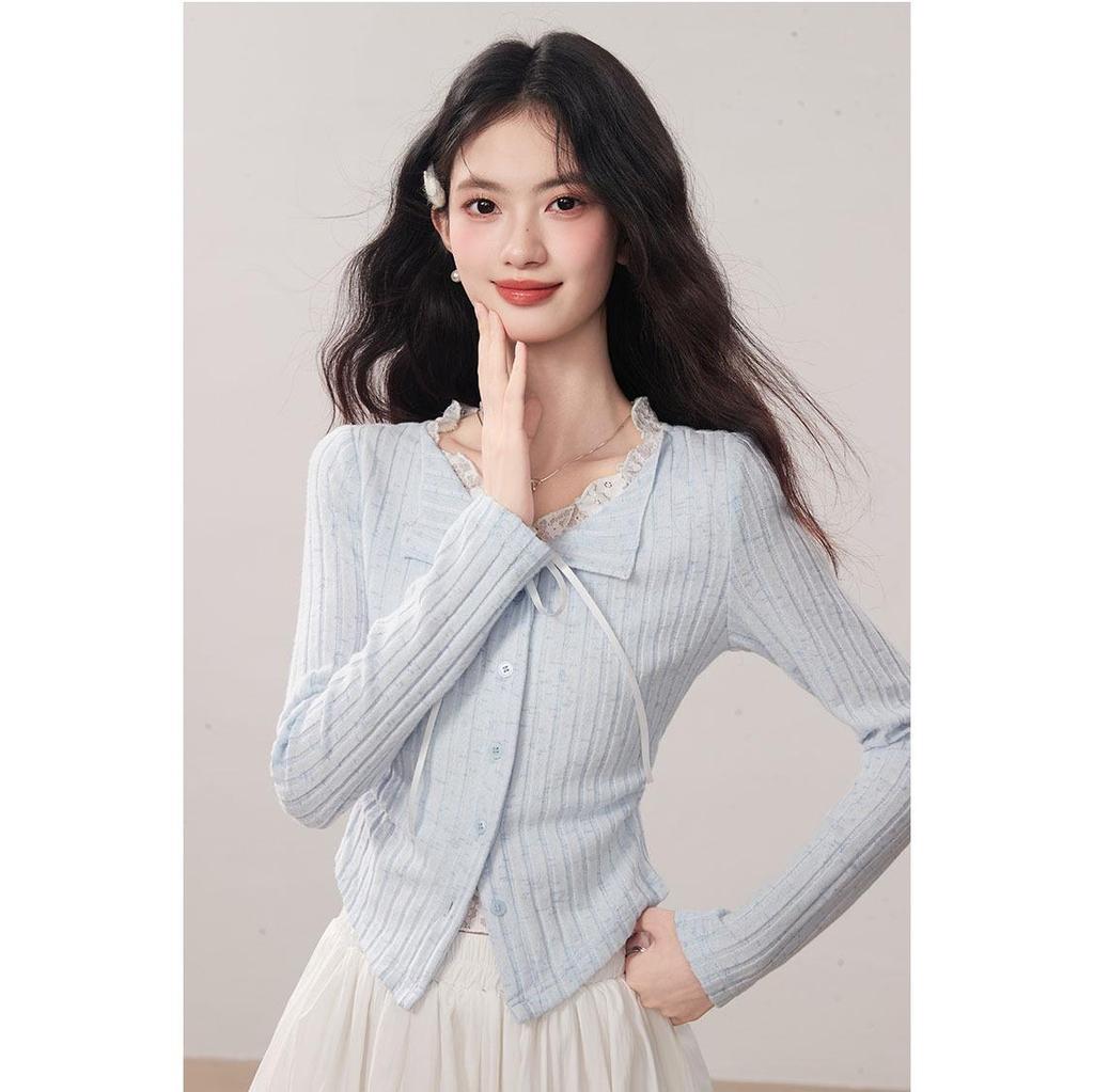 Kumikumi Women's Chic Blue Lace Tie-Up Long Sleeve Autumn Two-Piece Slimming T-Shirt