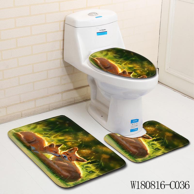 3D Fox Bathroom Toilet Three-Piece Floor Mat Doormat Bathroom Carpet