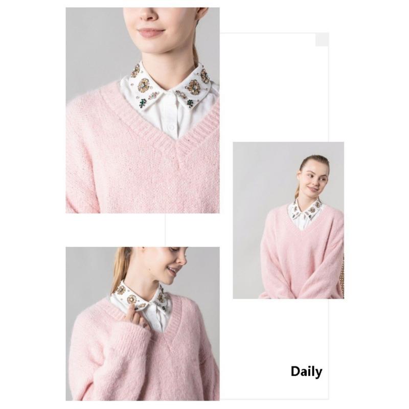 Soft Polyester Detachable Collar With Rhinestones Decors Half Shirt Blouse Top Suitable For Various Occasion Easy Care