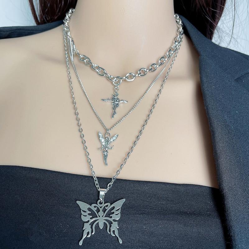 Punk Multi-Layered Chain Necklace Women Silver Butterfly Cross Angel Pendants Hip Hop Grunge Street Jewelry