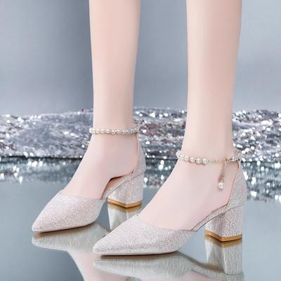 Netizen Fashion Ladies Single Shoes  Summer New Korean Edition Beaded Banquet Celebrity Comfortable Sandals
