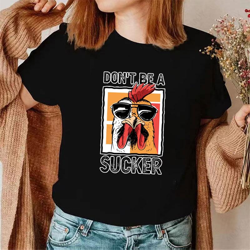 American Street Funny Rooster Short Sleeved Personalized Slogan Fun Printed Couple's Loose T-sh