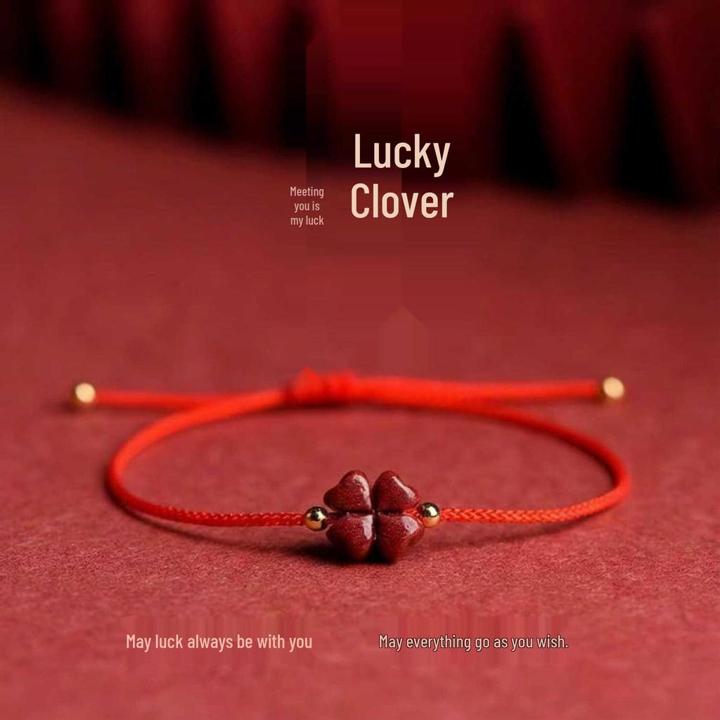 Hot Selling Cinnabar Four-Leaf Clover Bracelet: Fashionable, Versatile, Simple Red Rope Zodiac Year Hand Accessory