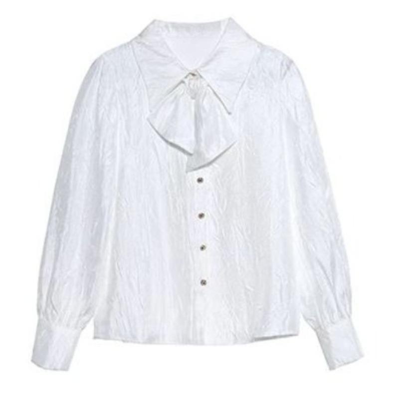 Women's Bow Shirt French Style Loose Turndown Collar Single Breasted Solid Color Ladies Blouse Spring Leisure Fashionable Famale Long Sleeved Top