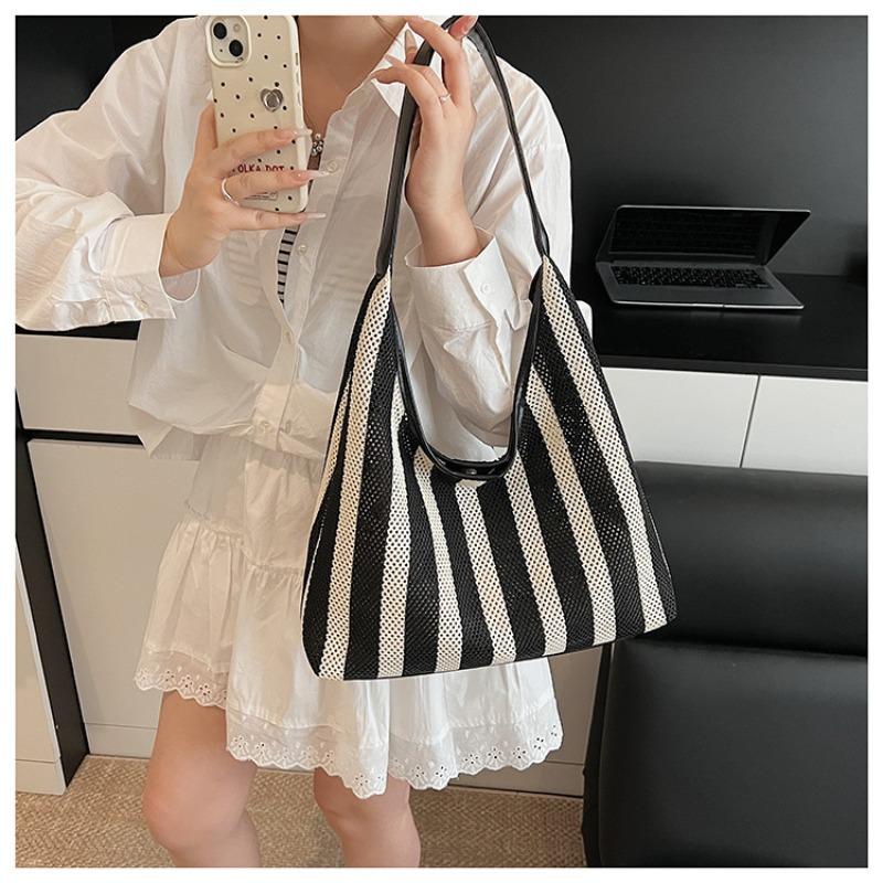 Niche woven bag shoulder striped large bag new tote bag leisure vacation wind beach bag bucket bag