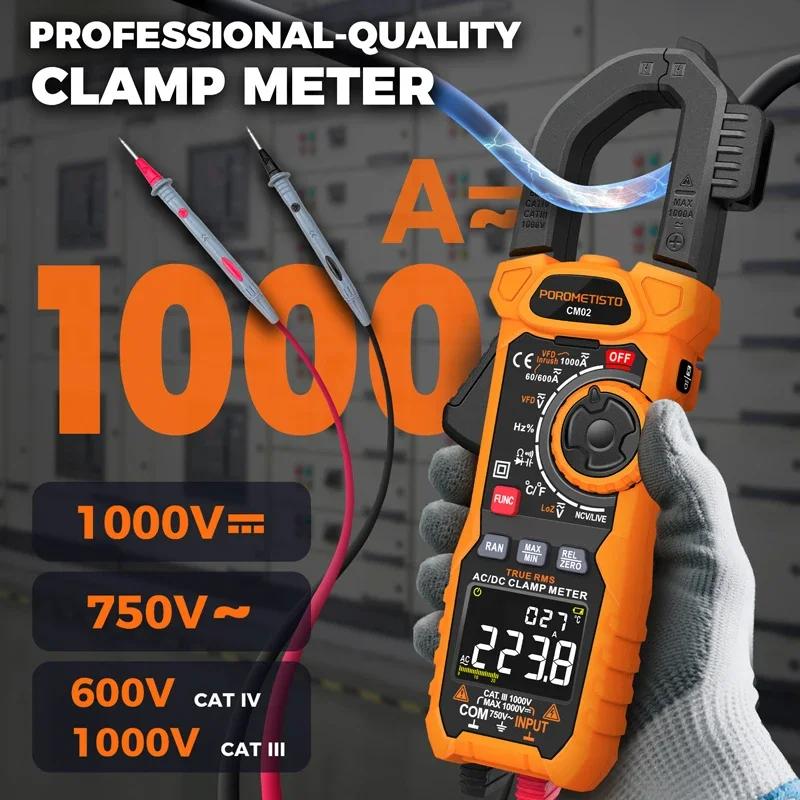 CM02 1000A Digital Clamp Meter AC/DC Current Voltage Temperature Multimeter NCV Auto-Ranging Tester Ammeter Clamp Meter