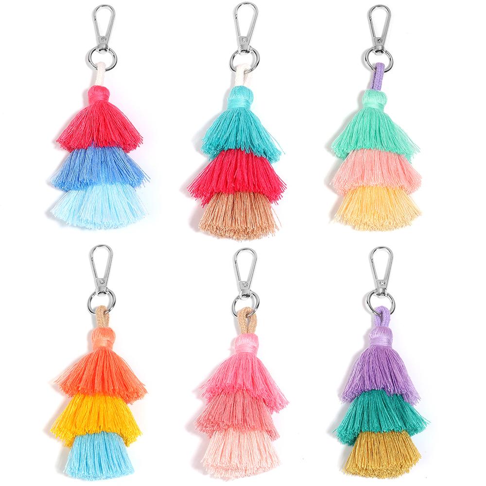 1pc Colorful 3-Layer Tassels Keychains Bohemian Simple Key Rings For DIY Handmade Key Chains Keyrings Handbag Decor Accessories