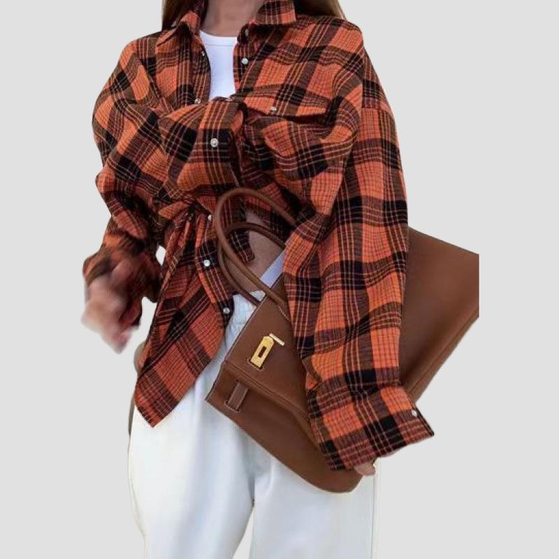 Women's Retro Plaid Long Sleeve Loose Lapel Shirt for Spring and Autumn