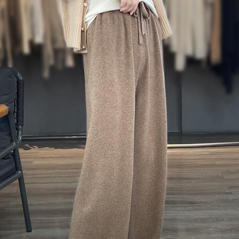 

Жіночі штани з широкими штанинами з 100% чистої вовни - З високою посадкою, Потовщені, Повсякденні, Довгі, для носіння восени/взимку, Кашемір, Прямі штанини. XXXL