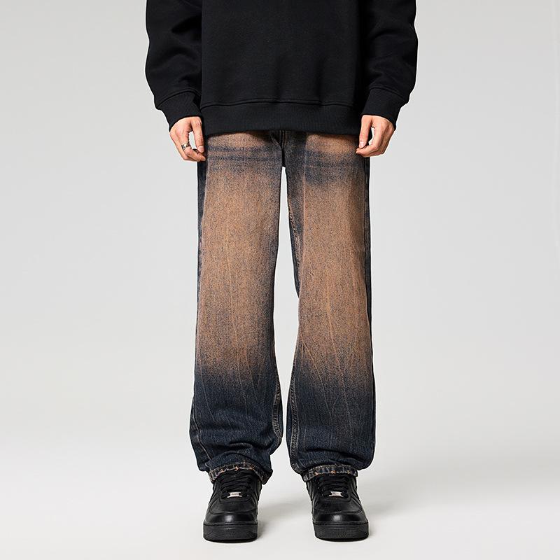 American old denim men's pants autumn and winter new high street straight jeans retro washed denim trousers men
