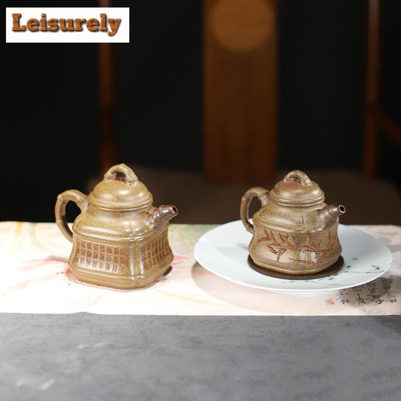 Classic Yixing Purple Clay Teapots Handmade Square Bamboo Tripod Pot Raw Ore Agilawood Mud Kettle With Infuser Zisha Teaset Gift