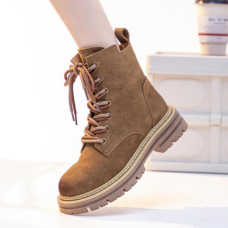 Martin Boots Women's Autumn New Leather Retro Tooling Western Cowboy Boots Thick-soled Inner Height-increasing Short Boots