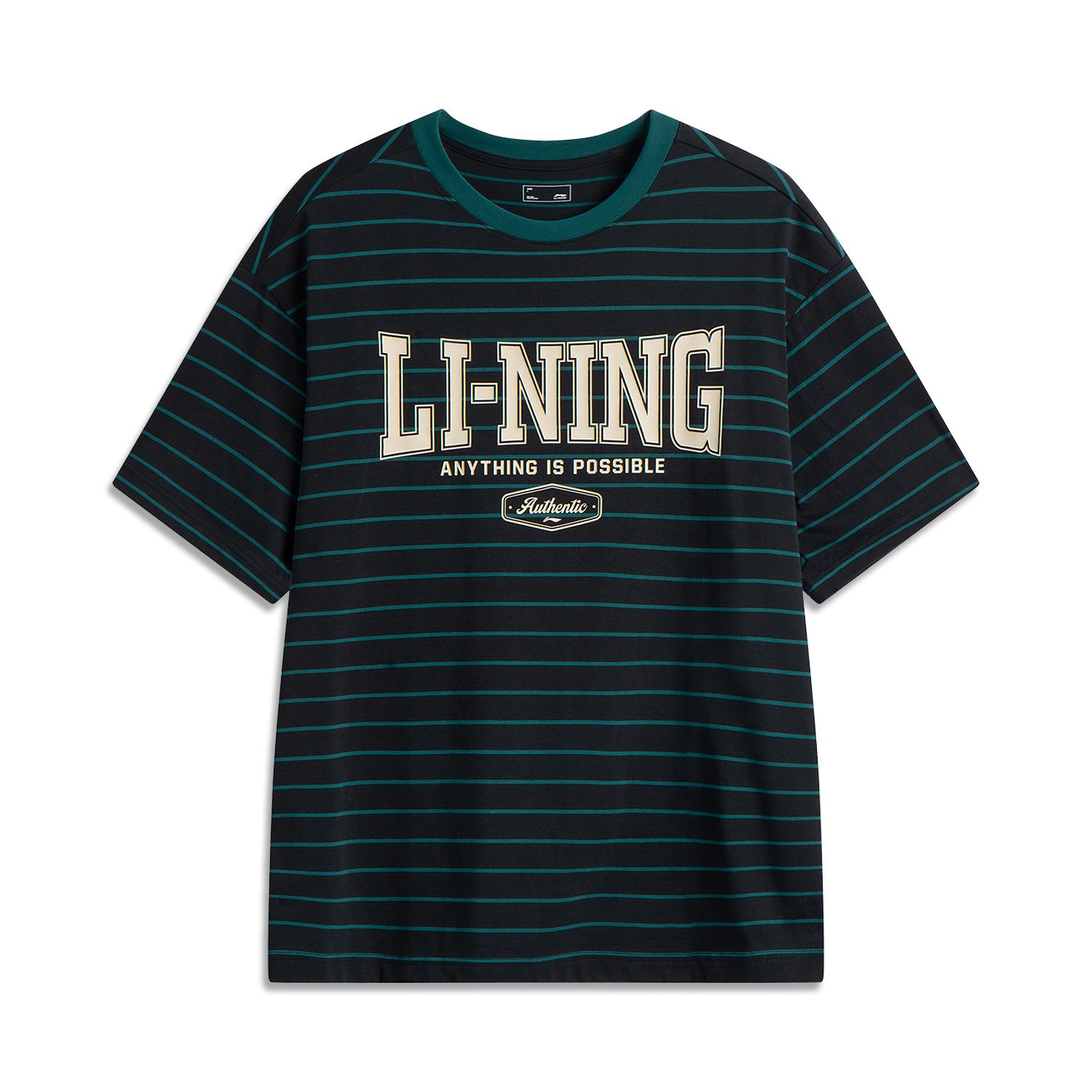 

Li-Ning Striped Letter Breathable Versatile Short Sleeve T-Shirt Men Tops Black AHSV281-7 3XL