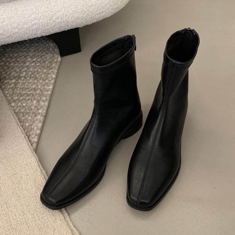 Vintage Damen Stiefeletten mit niedrigem Absatz und eckiger Spitze, gemütlich weiches Leder, Party, schlank, kurz, Herbst Winter Damenschuhe