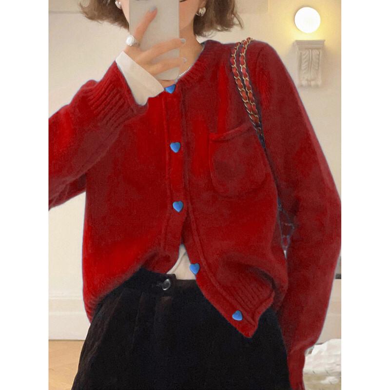 TonLion Damen Koreanischer Stil Color-Block Knopf Rundhals Strickjacke