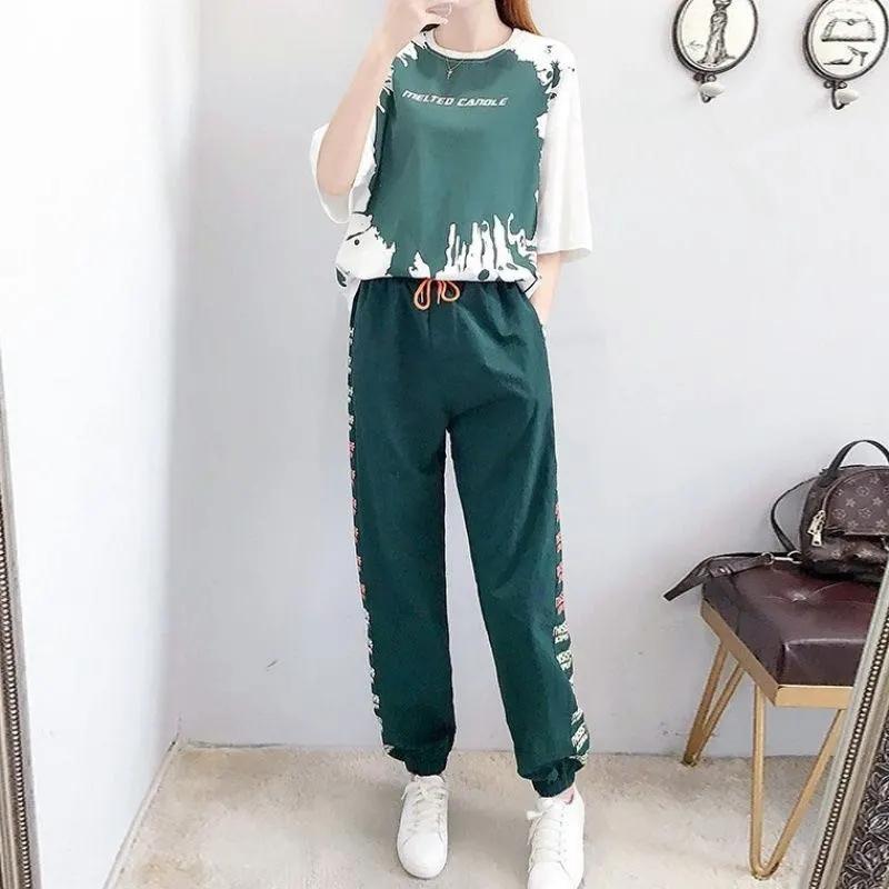 FiveFive Harem Pants Two Piece Suit Female Summer Student Wide Leg Pants Short Sleeve T-shirt Two-piece Suit