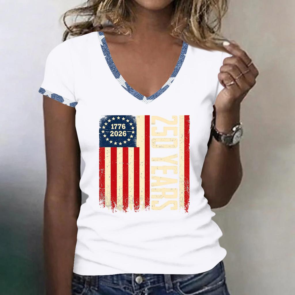 Womens V Neck Short Sleeve T Shirt 250 Years 1776 2026 Graphic Print Casual Loose Fit Top for Everyday Wear