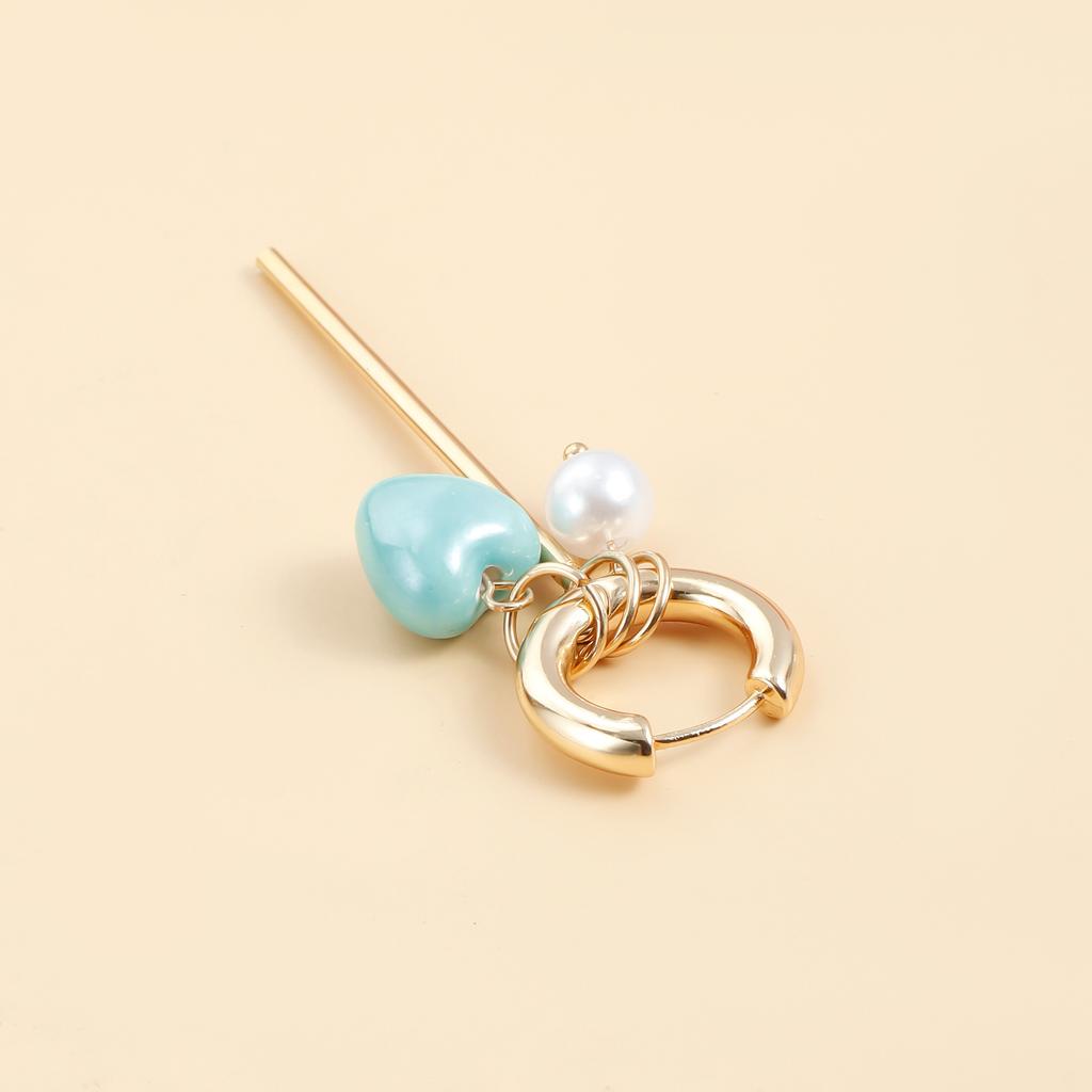 Retro Ceramic Love Pearl Wings Long Stick Ear Buckle Asymmetrical Earrings