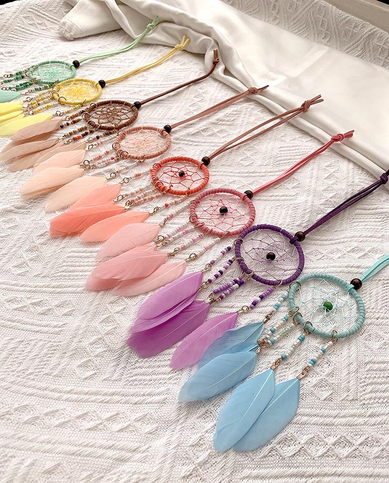 Bohemian Dream Catcher Wind Chime Pendant with Rice Beads - 5cm Wide, Southeast Asian Ethnic Style for Car Decoration.
