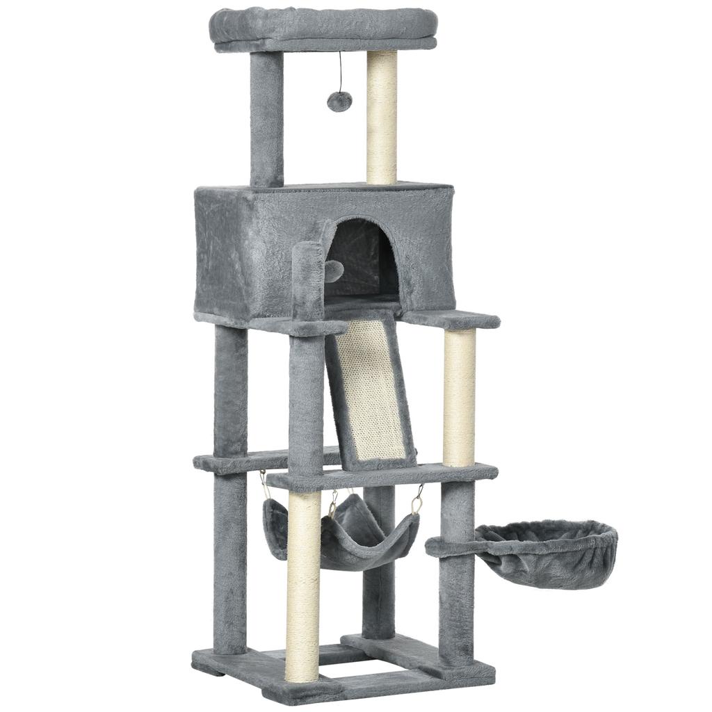 Cat Scratching Tree with Sisal Posts, House, Bed and Hammocks, 48x48x140cm, Grey