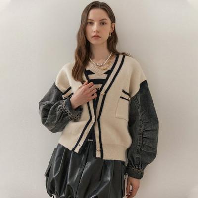 Washing Denim Block V Neck Knit Cardigan Zc10qj004on