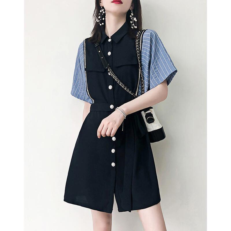 Women s French Style Striped Patchwork Lapel Short Sleeve Dress S