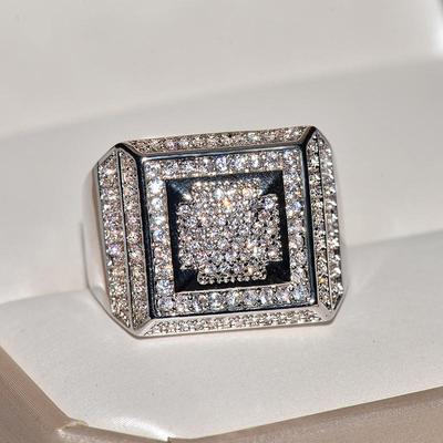 Men's Hip Hop Square Big Ring Plated Micro-Inlaid White Zircon Square Ring Jewelry For Women Party Birthday Gift