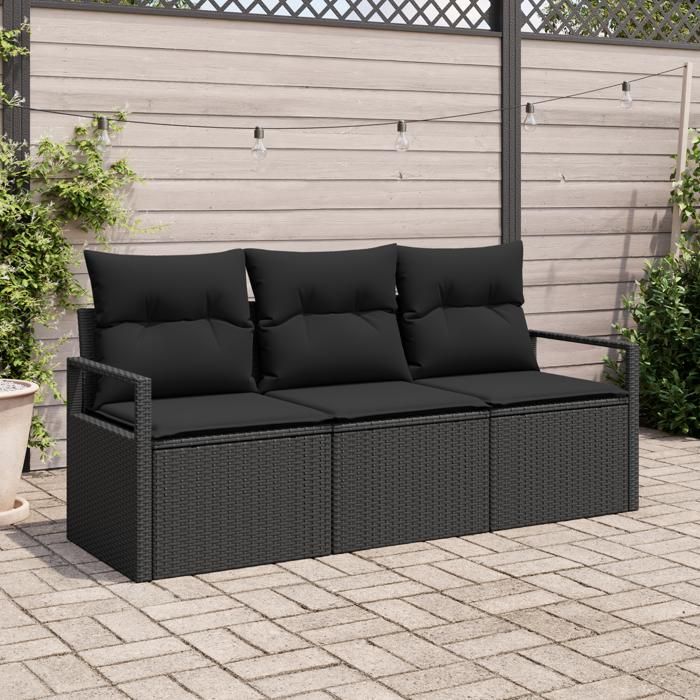 Ensemble de Canapé de Jardin vidaXL 3 Pièces avec Coussins Noir Poly Rattan, Canapé de Jardin 2 Places vidaXL avec Coussins 3346243