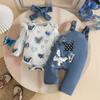 3-teiliges Outfit-Set mit Langarm-Oberteil, Latzhose und Stirnband für Frühling und Herbst 0-12 Monate