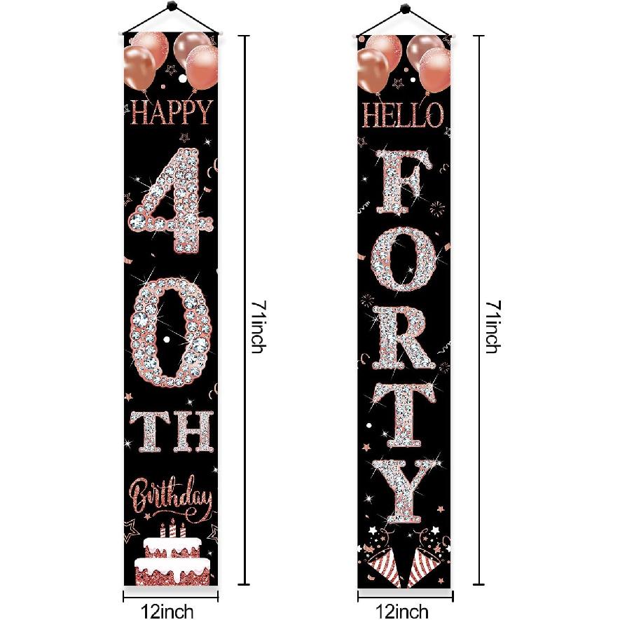 40th Birthday Door Banner Decorations for Women, Rose Gold Happy 40th Birthday Hello Forty Porch Sign Party Supplies, 40 Year Old Bday for Indoor