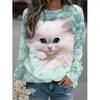 New cute cat 3D printed women's fashionable round neck long sleeved T-shirt