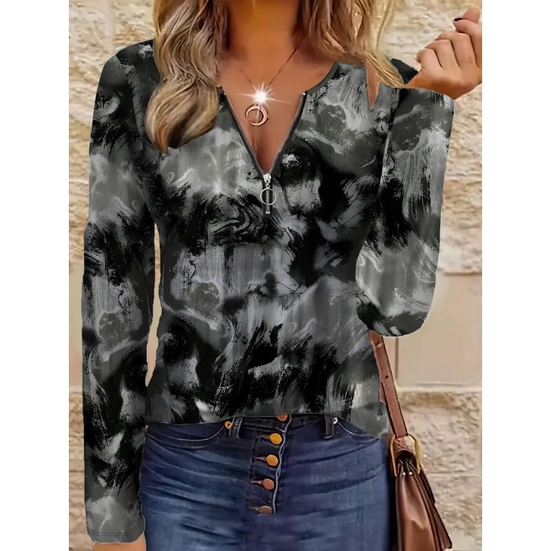 Painting Gray Black Blend Element Printing Pattern Code Women s Round Neck Zipper Long Sleeved S