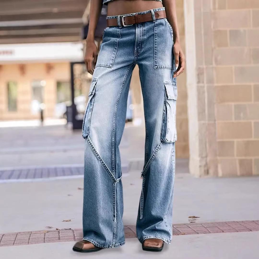 2026 Women s Retro Hong Kong Buckle Double Pocket Straight Leg Denim Jeans S джинсовый синий