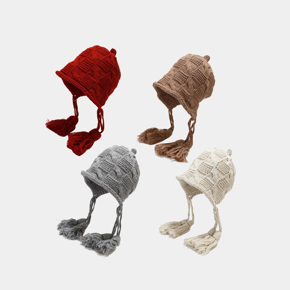 Japanese Flat Knitted Earflap Knit Cap Cute Student Style Winter Beanie Hat Common Travel