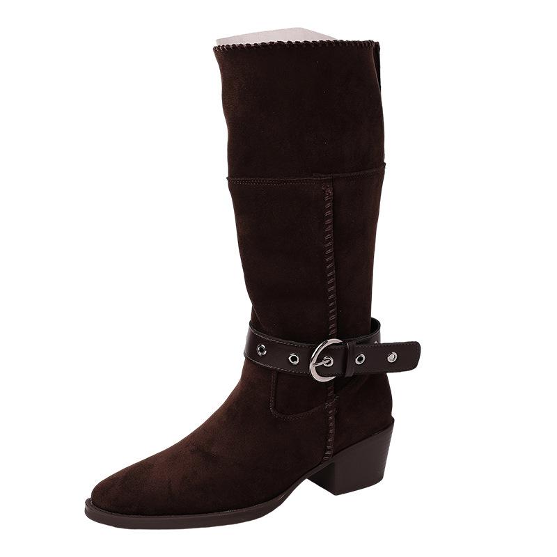 Versatile Fashion Thick Heel Western Boots Women's Autumn and Winter Design Sense Retro Wide Tube Mid-tube Boots Pointed and Thin Fashion Boots