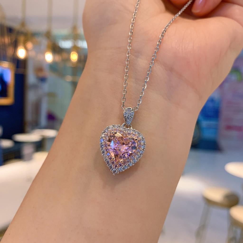 Tiktok Live Broadcast Cross Border Pink Love Necklace Heart Shaped Zircon Jewelry Three Piece Set Women's