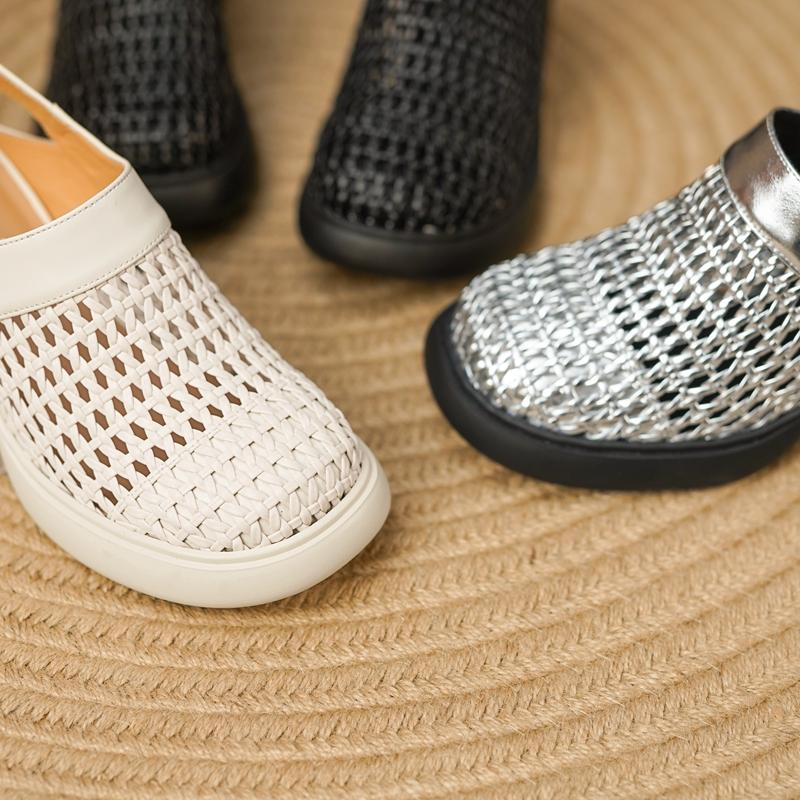 Fashion Women's New Woven Round Toe Genuine Leather Cowhide Thick Sole, Thick Heel, High-heeled Toe, Mueller Sandals, Perforated Shoes