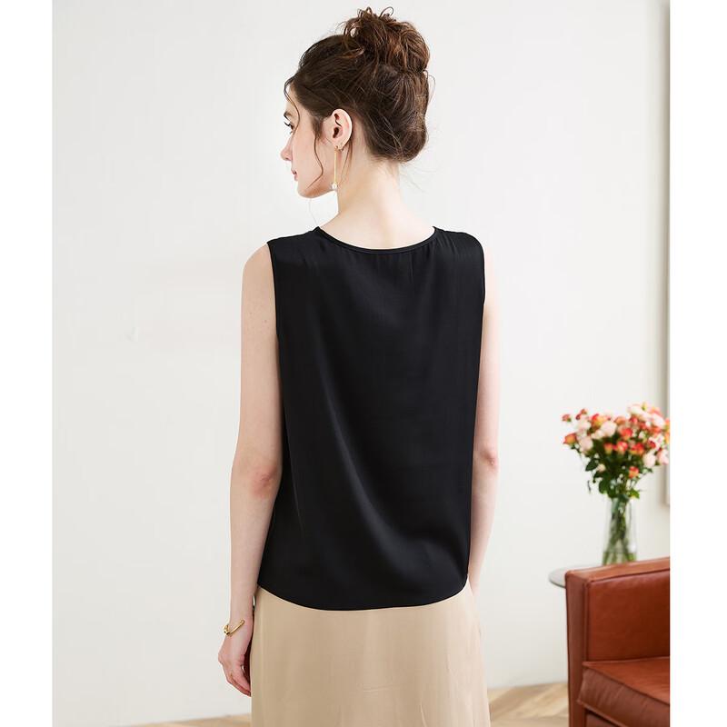 TUHUANG Elegant Mulberry Silk Blend Lace Round Neck Sleeveless Top