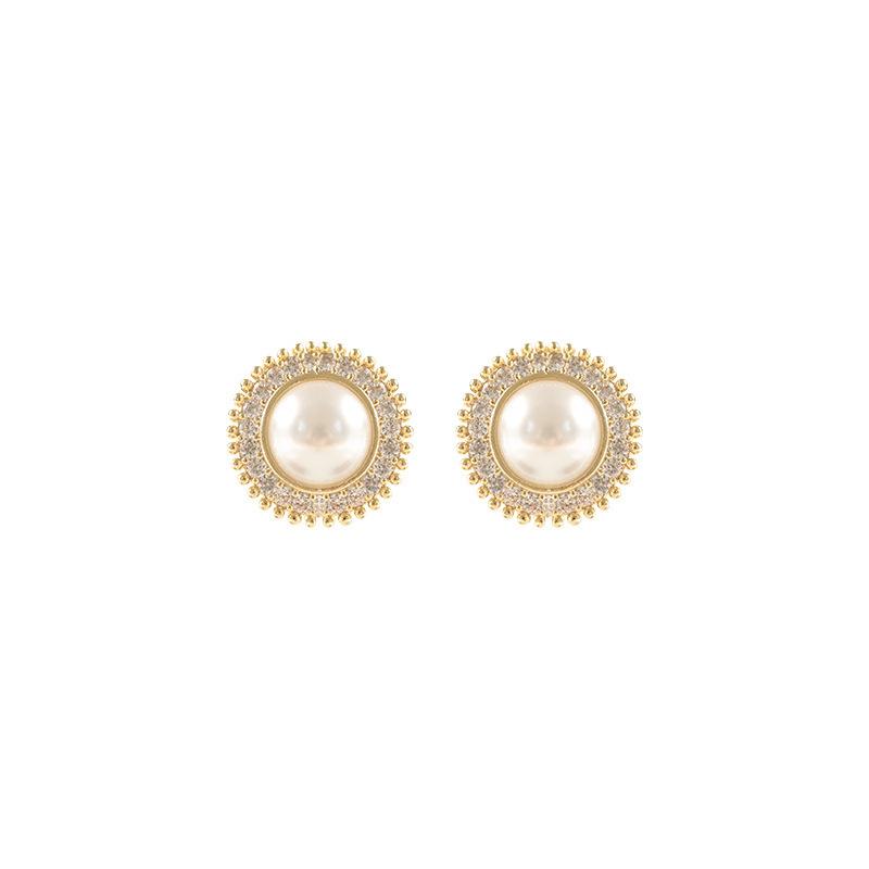 Korean Style Round Pearl Stud Earrings - S925 Silver, White, Retro, Versatile, Elegant