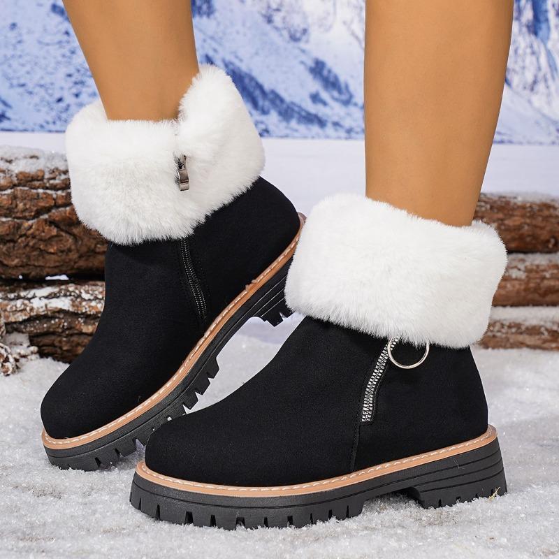 Large Size Snow Boots Women's New Winter Side Zipper European and American Wind Fluffing Short Tube Velvet Warm and Heightening Cotton Boots