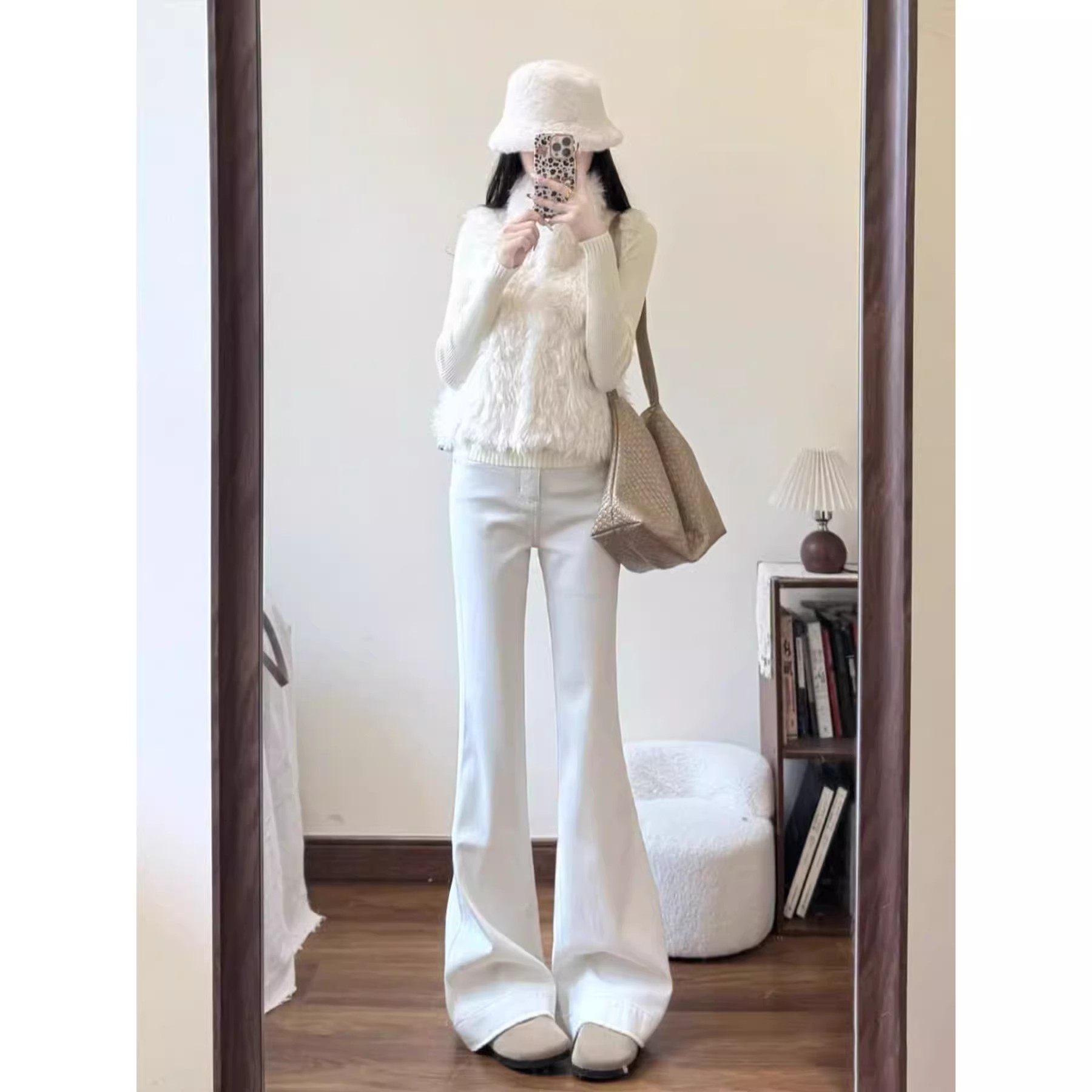 2026 Women s White High-Waisted Micro-Flare Jeans - Spring Loose Fit, Floor-Length L