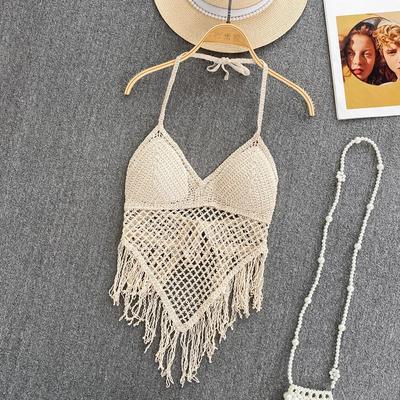 Gestrickte Quasten, ausgehöhlte Tanktops, Camis für Frauen, Böhmen-Stil, Hault, ärmellos, sexy Femme-Korsett, bauchfreie Tops, Strand-Tank-Camisoles