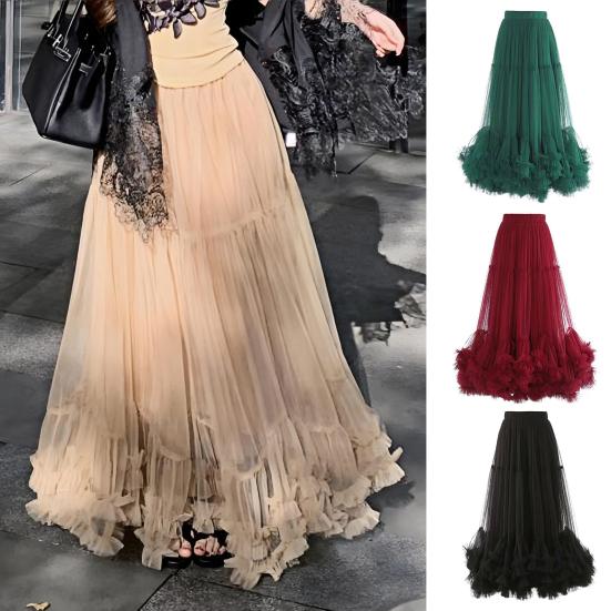 Mesh Yarn Midi Skirt High Elastic Waist Ruffles Trim A-line Skirt