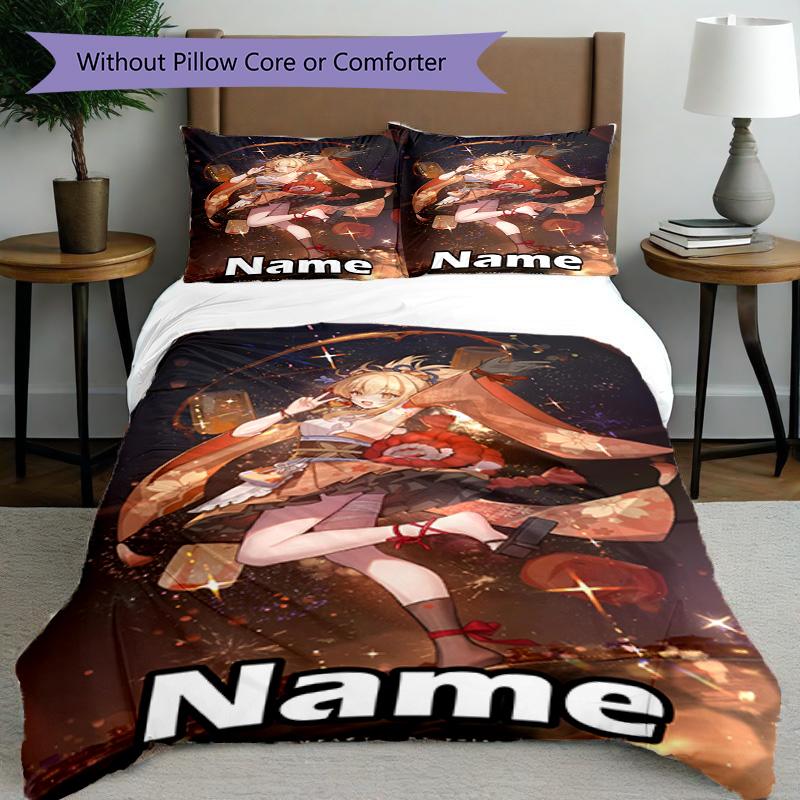 3pcs Duvet Cover Set (1*Duvet Cover + 2*Pillowcase, Without Core), Custom Name Genshin Impact Pattern Bedding Set, Home Bedroom Decor Gift
