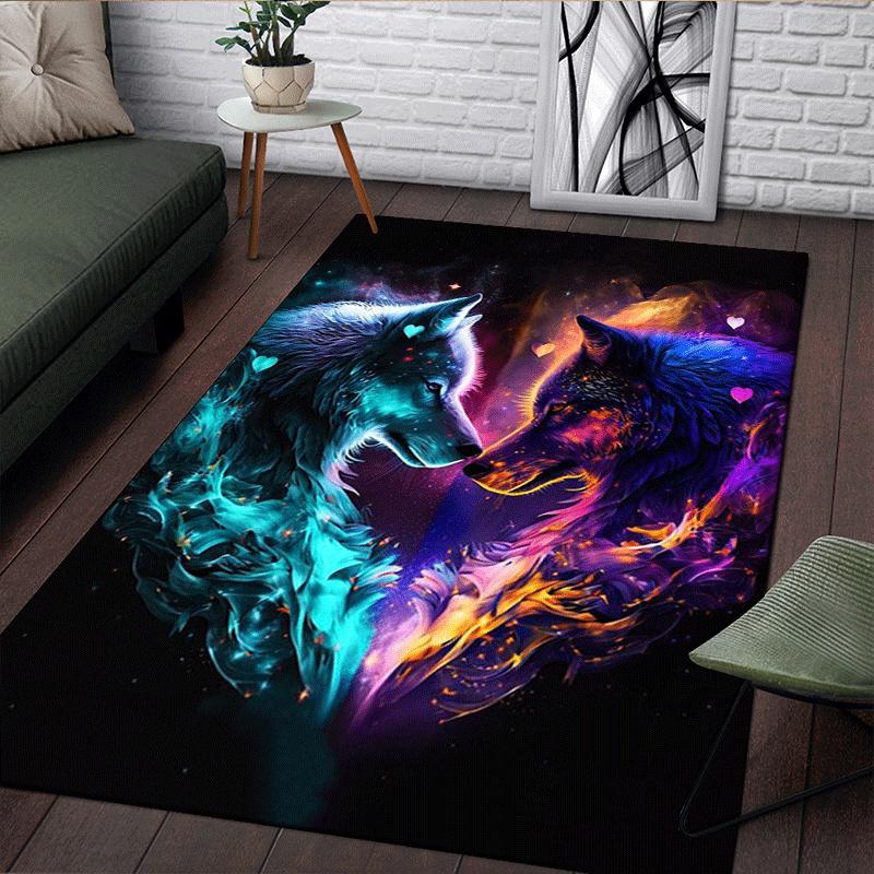 2D Flat Cosmic Aurora Two Wolves Mystical Flannel Area Rug Non Slip Spirit Animal Art Carpet For Living Room Bedroom Floor Decor